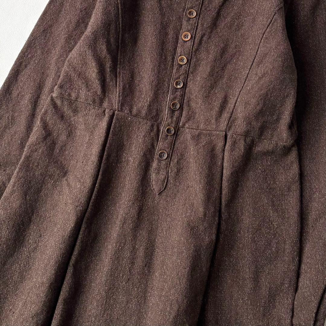 45R ヘビーコットンノーカラーワンピース　ギャザー　ブラウンミックス