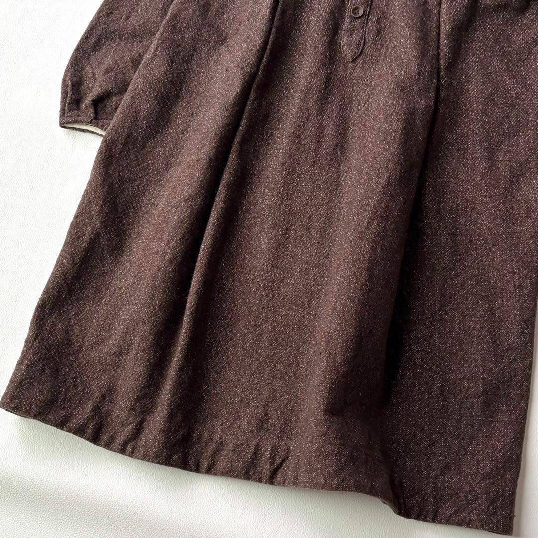 45R ヘビーコットンノーカラーワンピース　ギャザー　ブラウンミックス