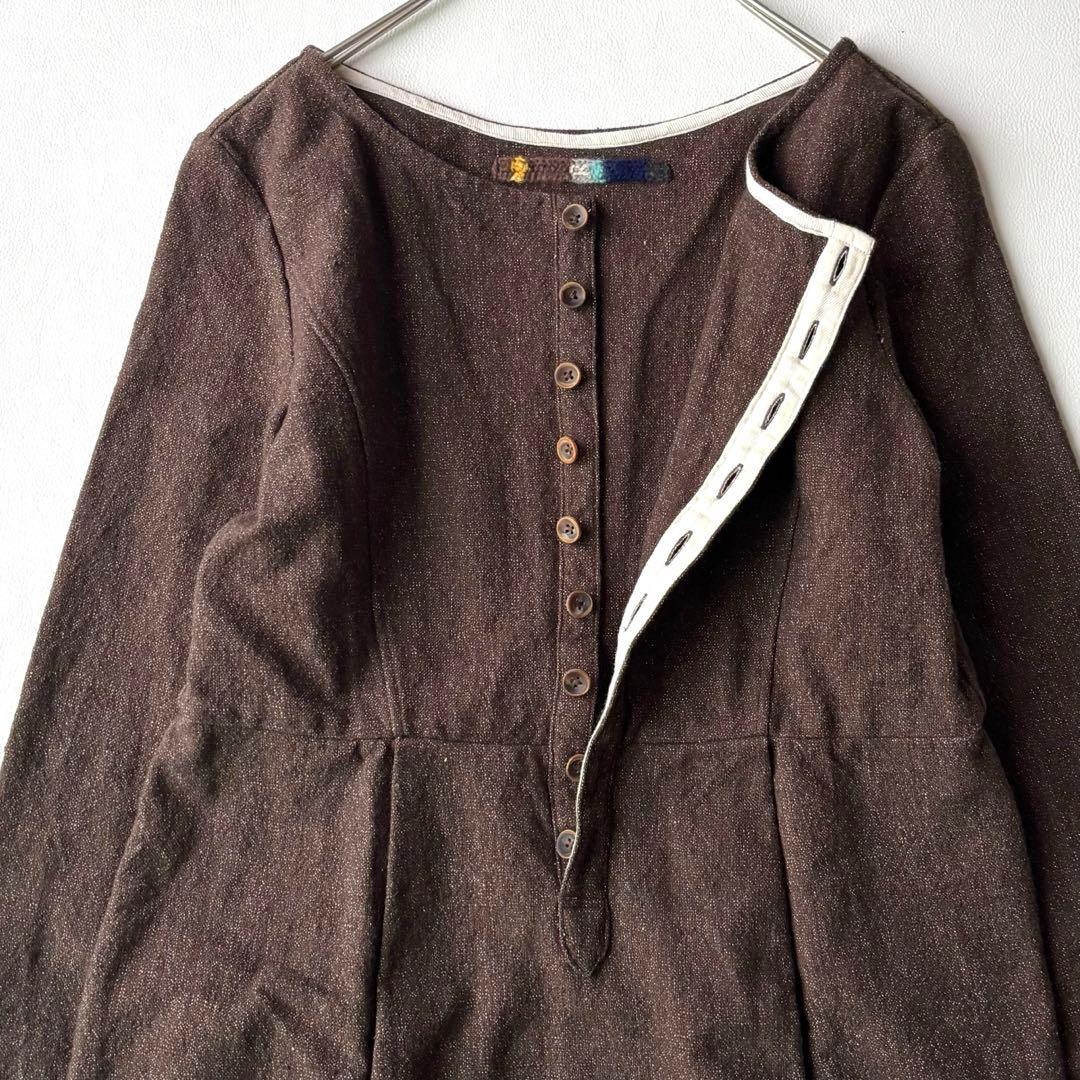 45R ヘビーコットンノーカラーワンピース　ギャザー　ブラウンミックス