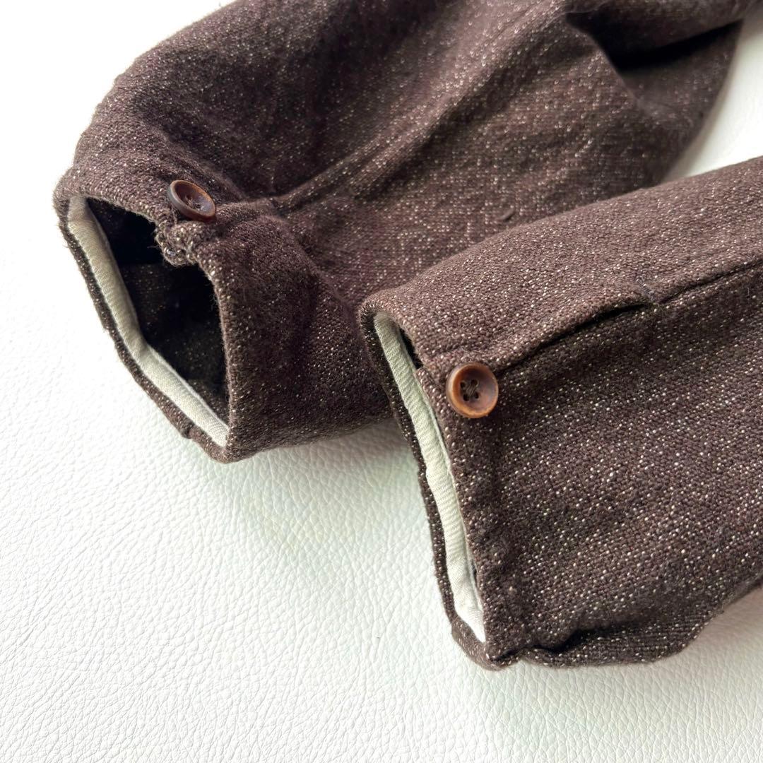 45R ヘビーコットンノーカラーワンピース　ギャザー　ブラウンミックス