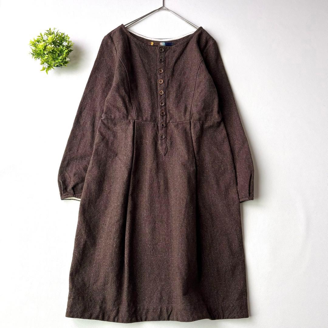 45R ヘビーコットンノーカラーワンピース　ギャザー　ブラウンミックス