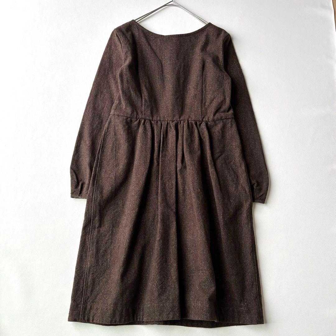 45R ヘビーコットンノーカラーワンピース　ギャザー　ブラウンミックス
