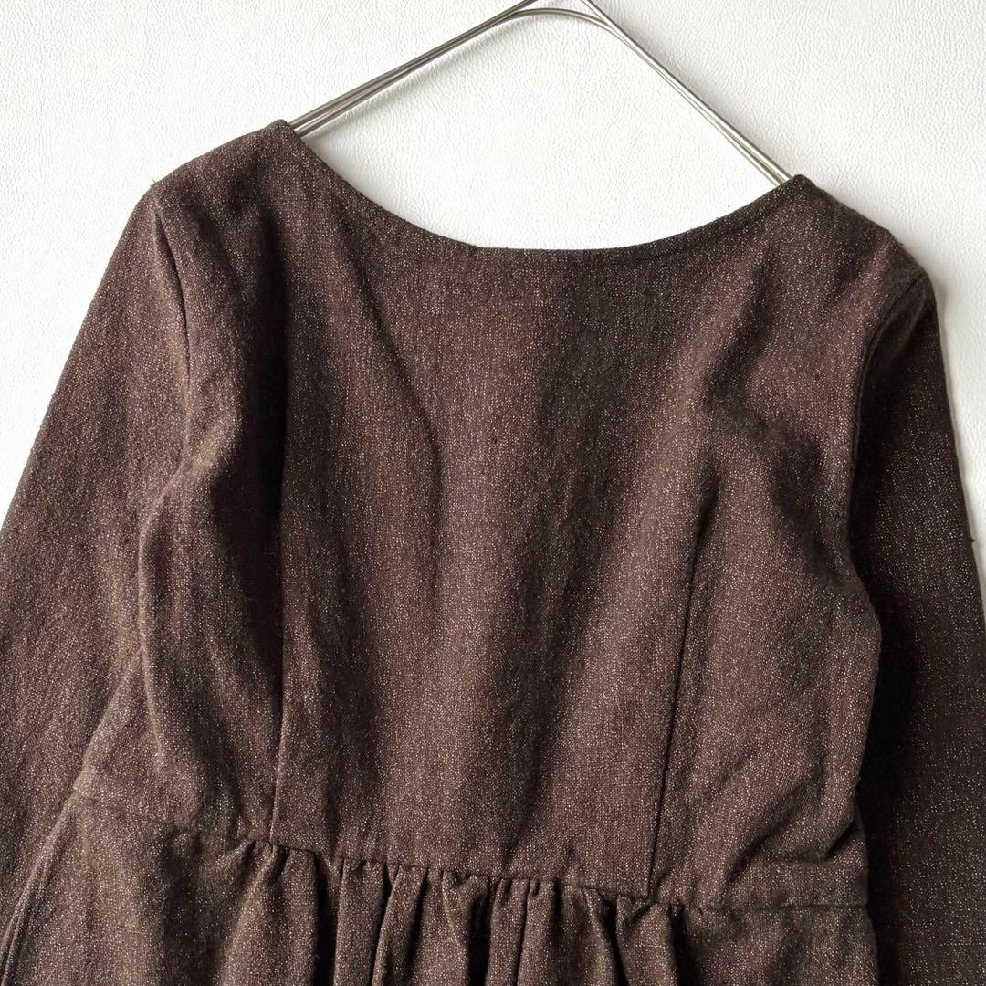 45R ヘビーコットンノーカラーワンピース　ギャザー　ブラウンミックス