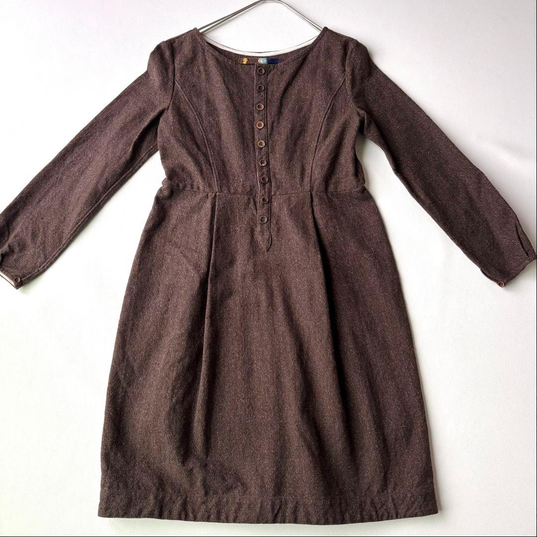 45R ヘビーコットンノーカラーワンピース　ギャザー　ブラウンミックス