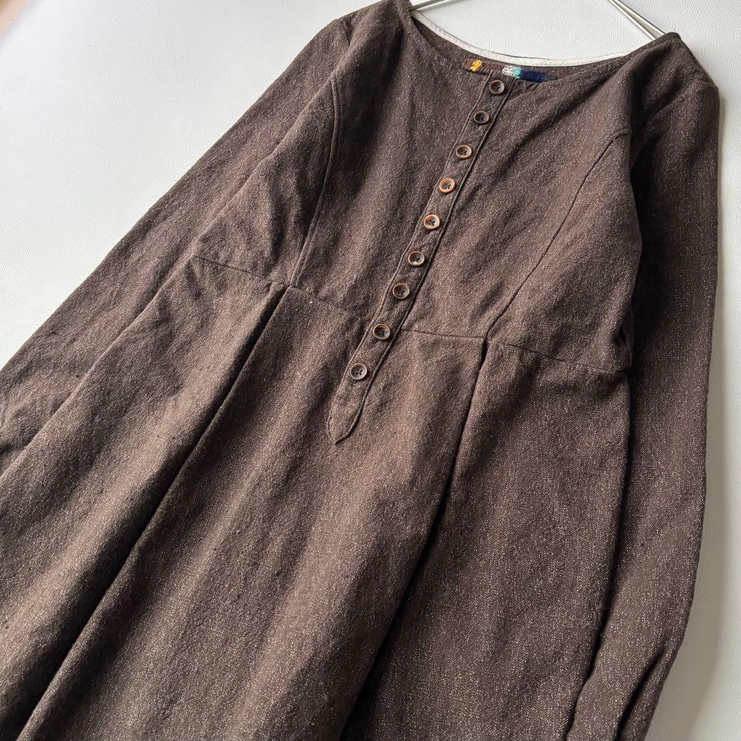 45R ヘビーコットンノーカラーワンピース　ギャザー　ブラウンミックス