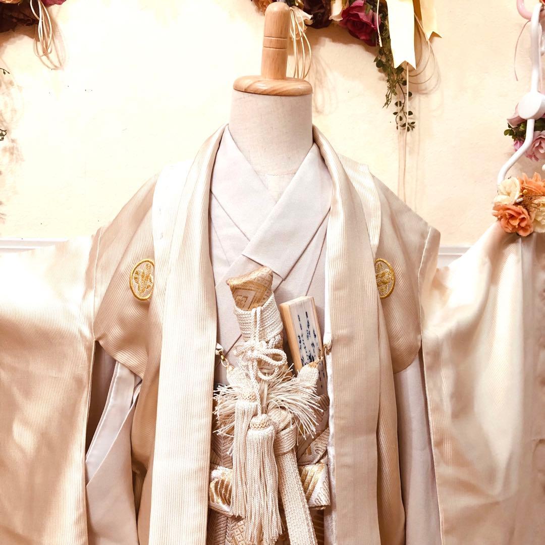 七五三 五歳京都御曹司御用達誂え‼️オフホワイト紋付アンサンブル格上安心フルセット