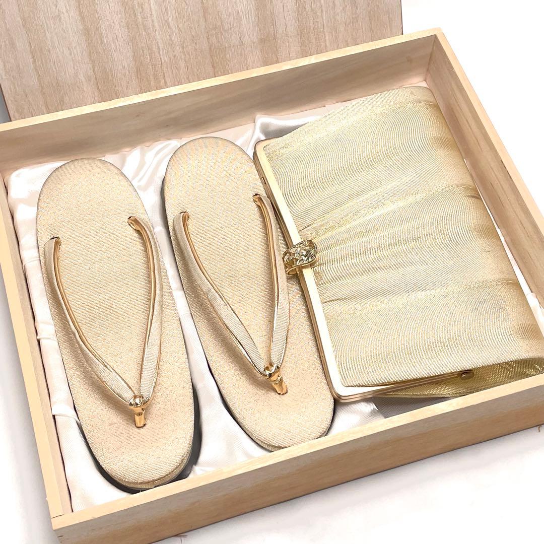 ⑥創作 御誂 和装用バッグ 草履 2点セット 和装履物 ゴールド系 レディース