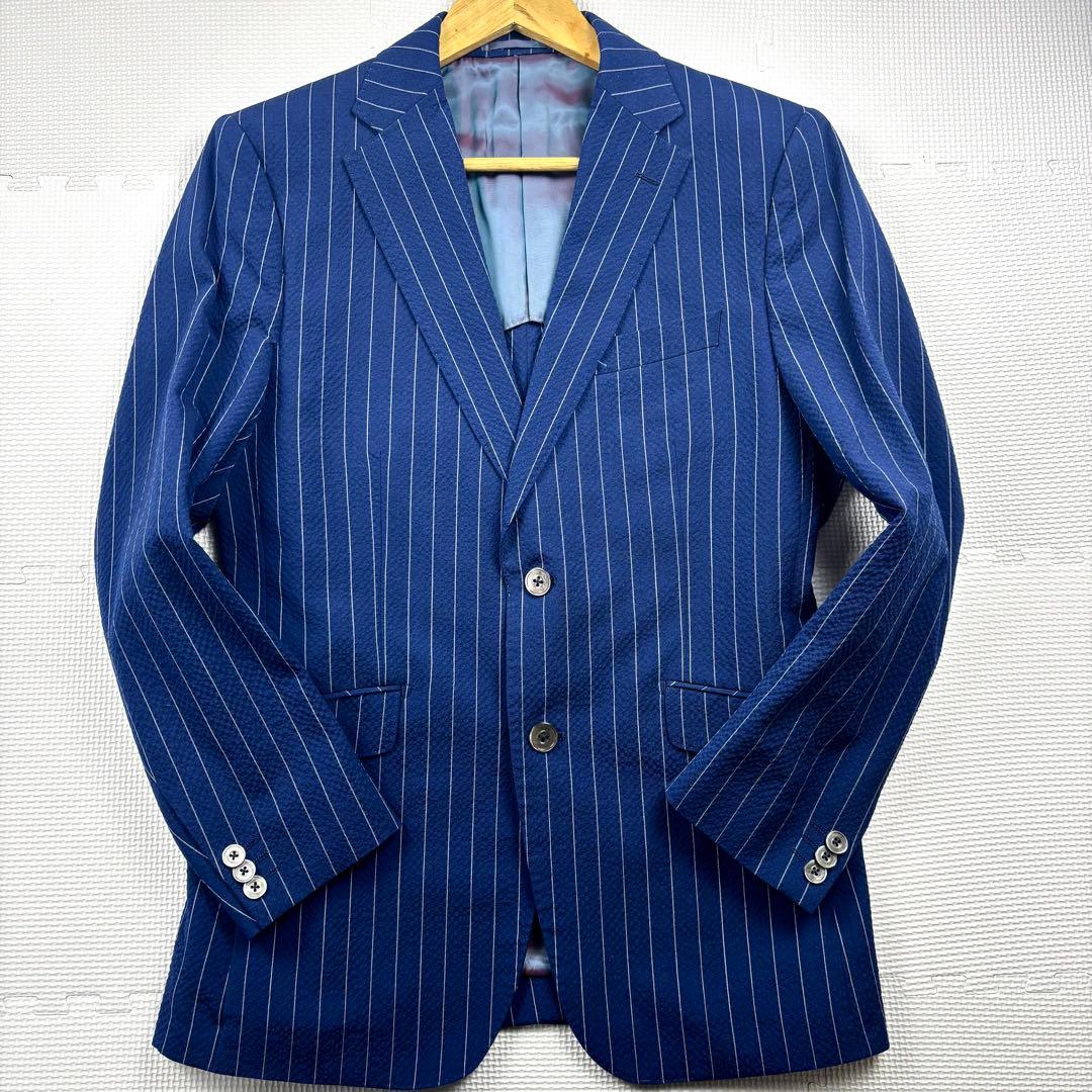 美品　アバハハウス　セットアップ　シアサッカー　シェルボタン　ストライプ　ブルー