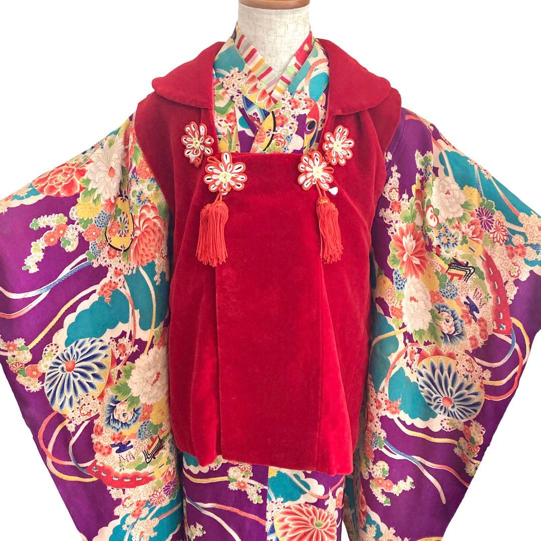 ターコイズ アンティーク3歳 女の子 子供着物 七五三 アンティーク着物 NO