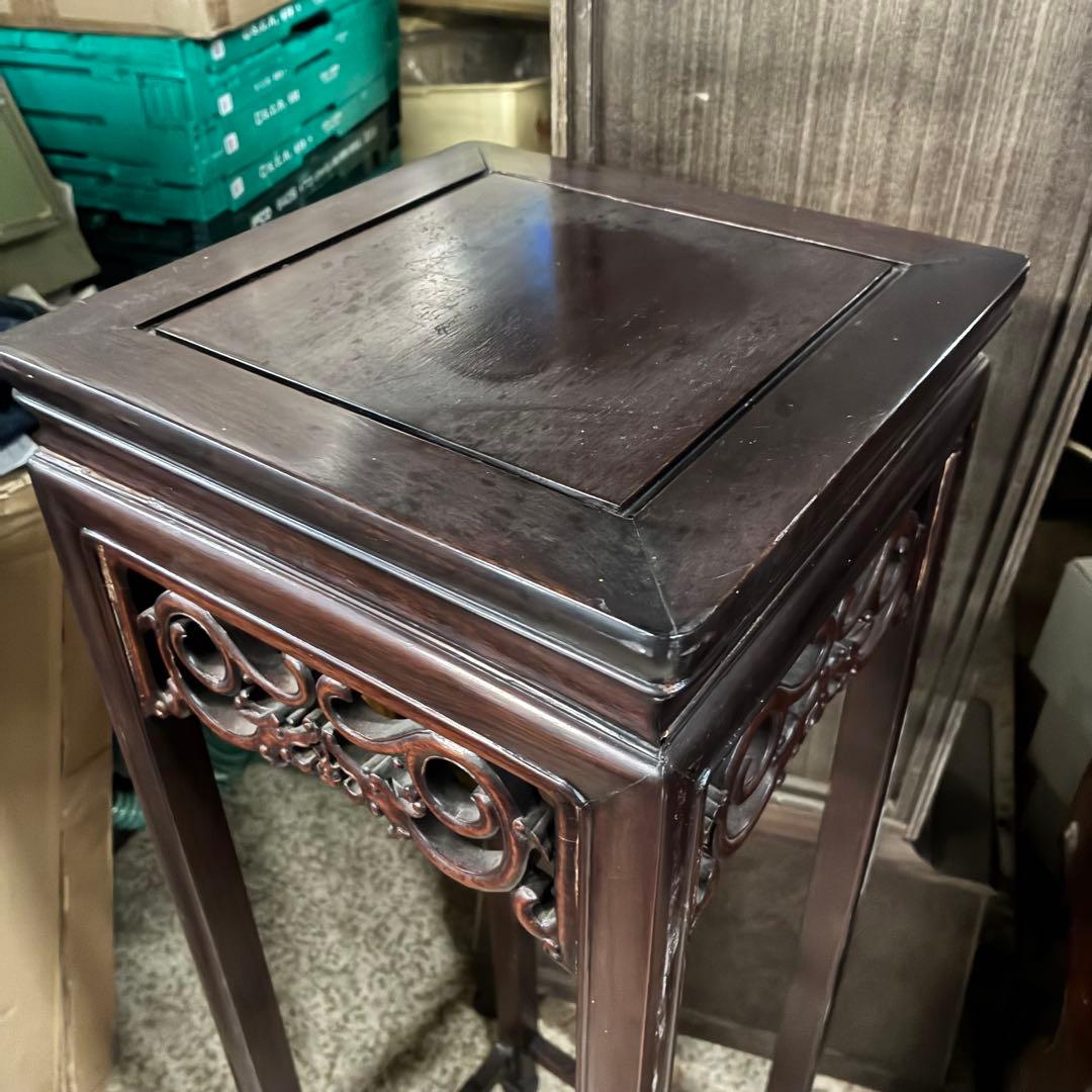 中国美術 古唐木造 透彫花台 如意巻足 正方高卓 盆栽台 香炉台 紫檀黄花梨