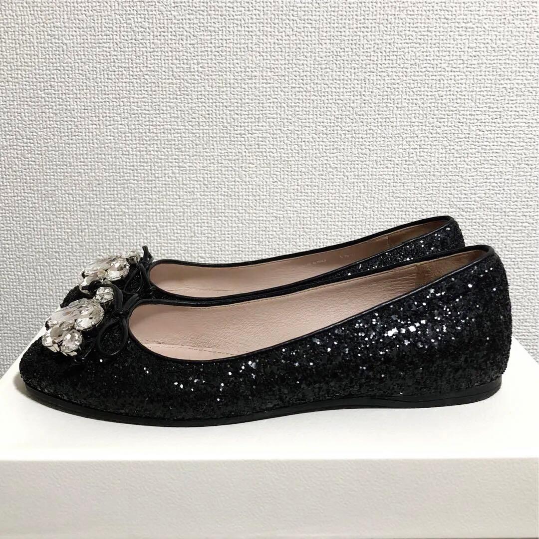 【美品】miu miu 本革クリスタルビジュー グリッターフラットパンプス