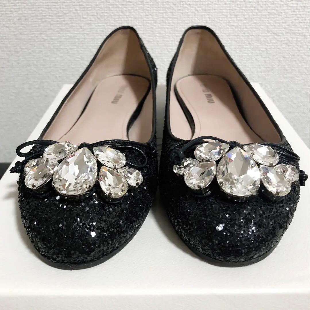 【美品】miu miu 本革クリスタルビジュー グリッターフラットパンプス
