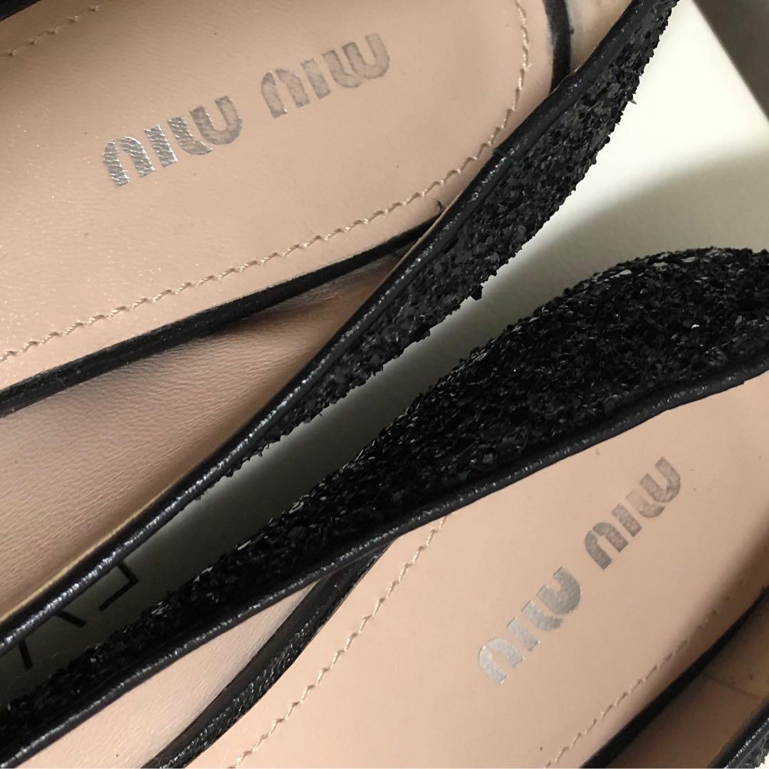 【美品】miu miu 本革クリスタルビジュー グリッターフラットパンプス