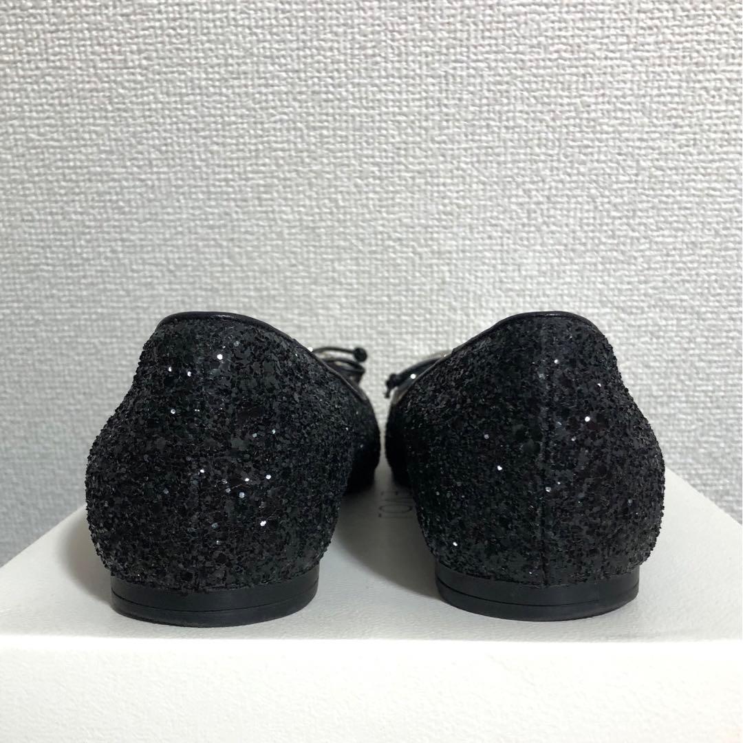 【美品】miu miu 本革クリスタルビジュー グリッターフラットパンプス