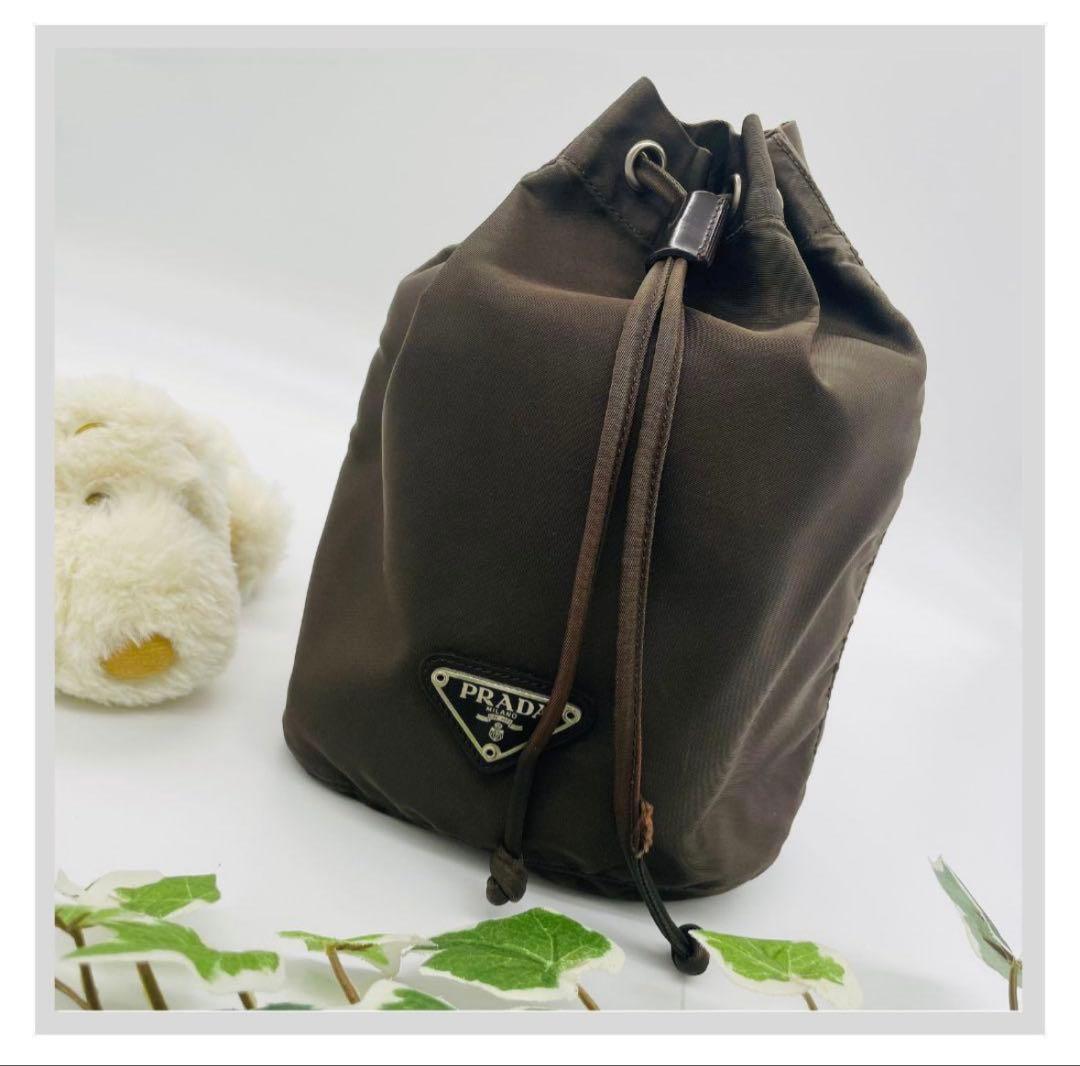 PRADA プラダ 巾着　三角プレート ポーチ カーキ系 ナイロン