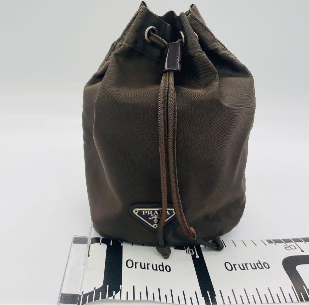 PRADA プラダ 巾着　三角プレート ポーチ カーキ系 ナイロン