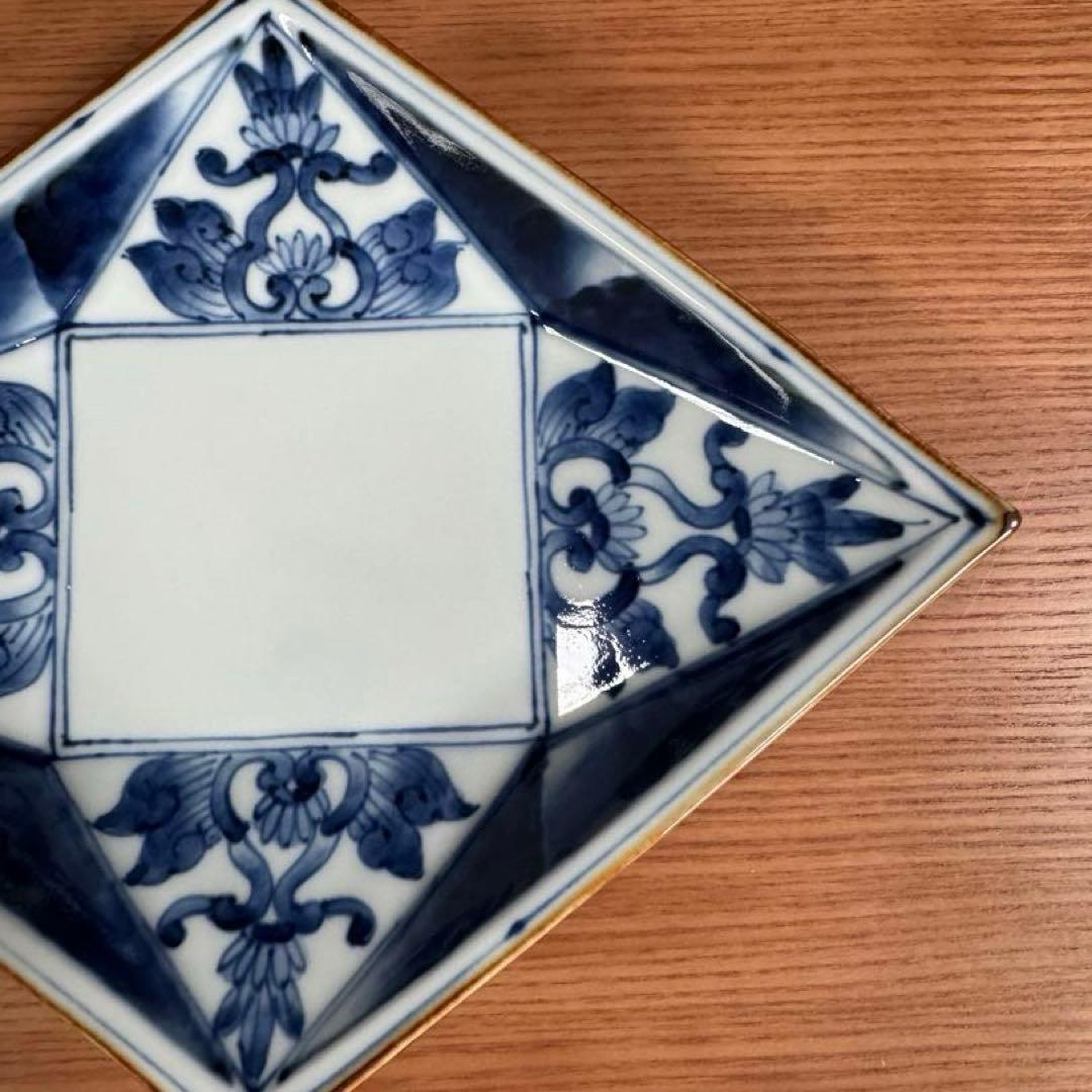 有田焼 福泉窯：染付濃唐草文 菱形高台皿 2客セット☆