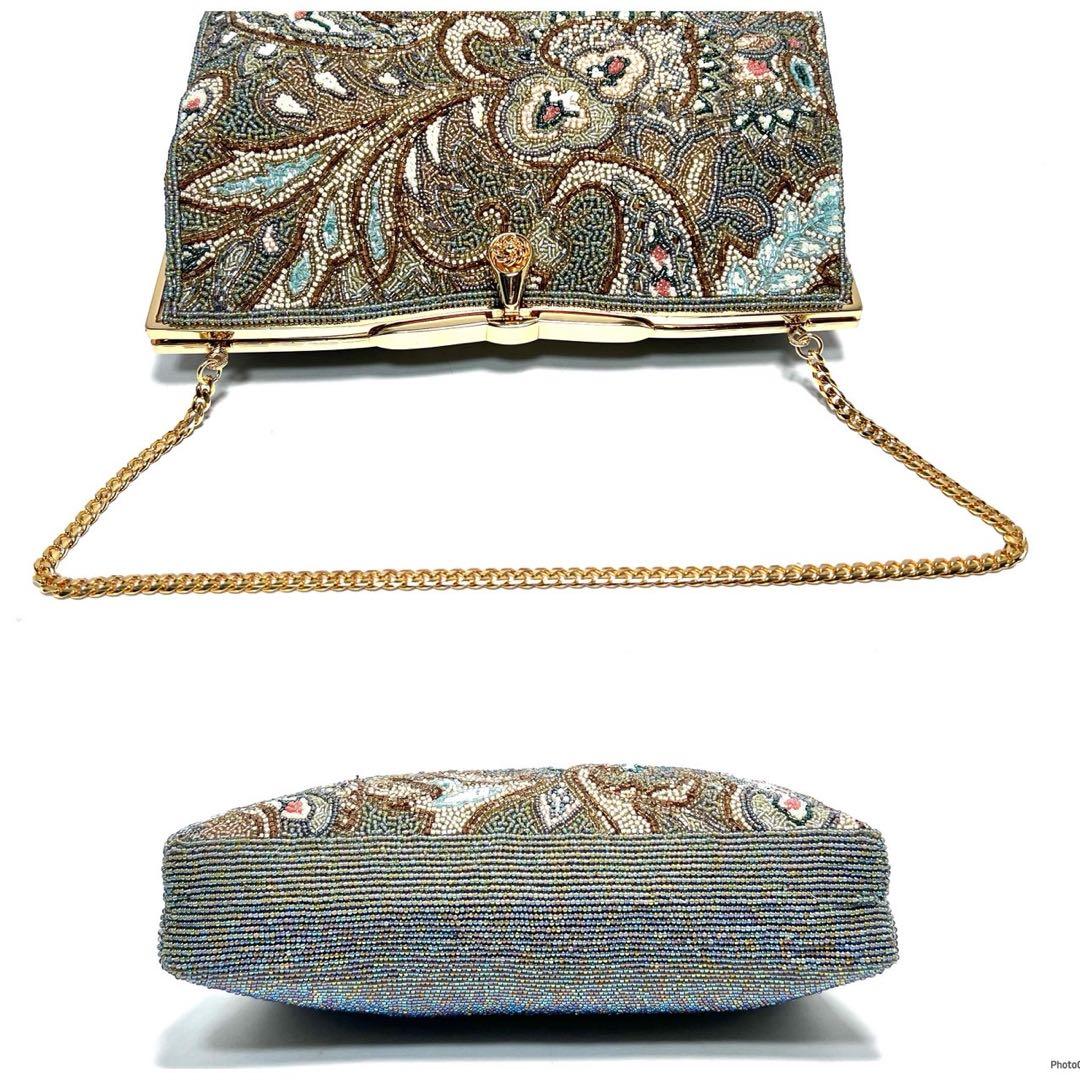 【美品】KUJAKUDO/ビーズ刺繍/総柄/グリーン系色/チェーンハンドバッグ