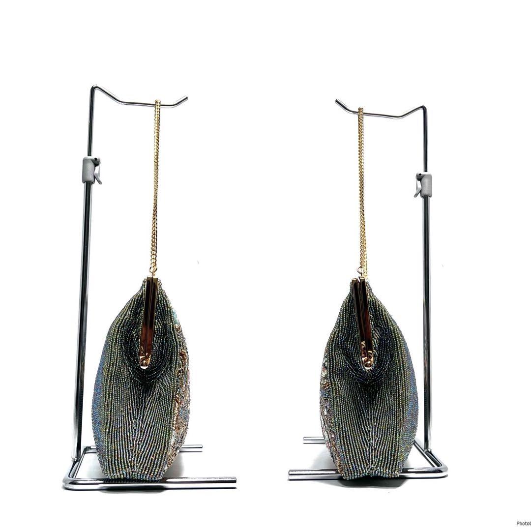 【美品】KUJAKUDO/ビーズ刺繍/総柄/グリーン系色/チェーンハンドバッグ