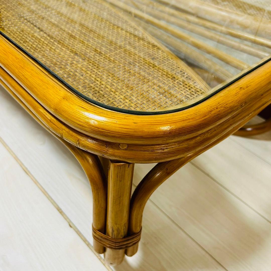 【美品】昭和レトロ ラタン ガラス天板 センターテーブル ローテーブル