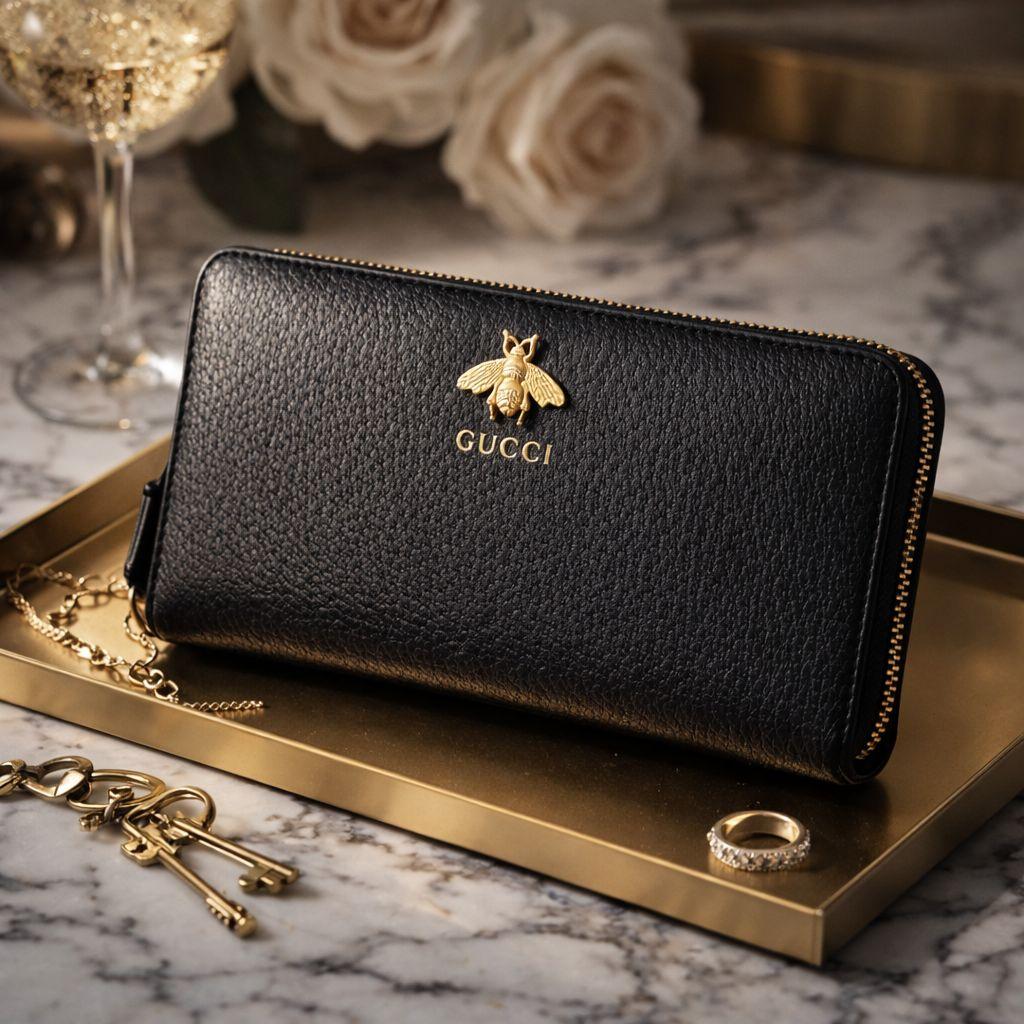 極美品 GUCCI アニマリエ ゴールドビー 長財布 グッチ レザー ブラック