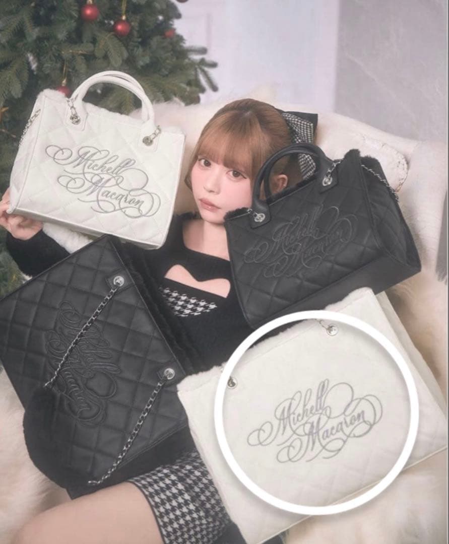 ミシェルマカロン キルティング刺繍トートバッグ ホワイト ノベルティ