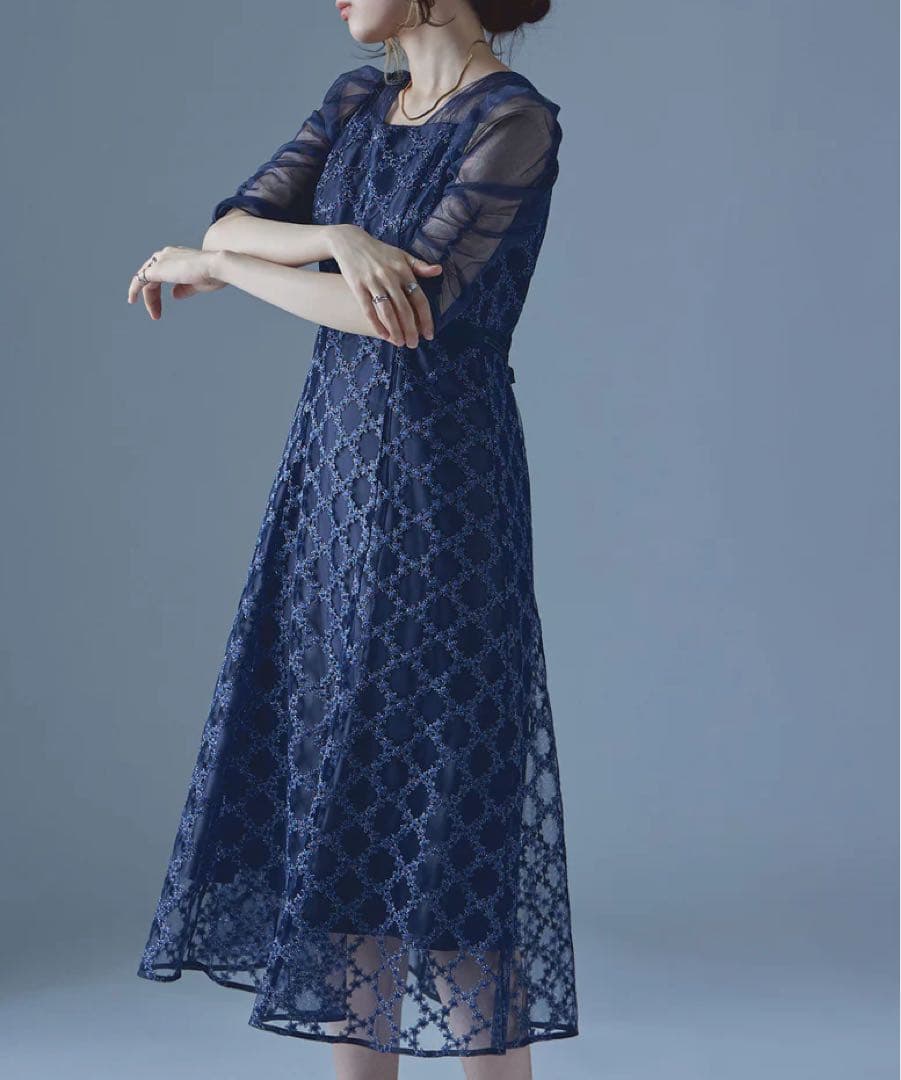 Floral diagonal check flare dress 初期不良アリ