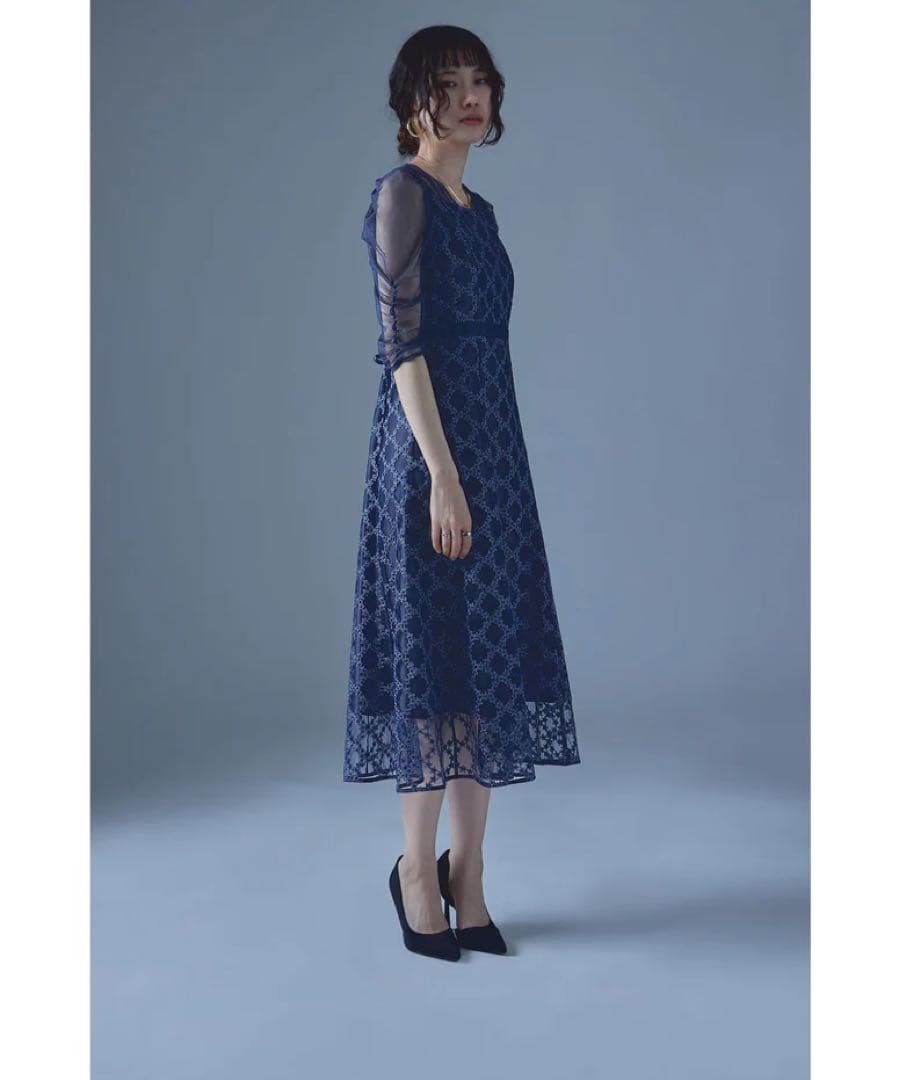 Floral diagonal check flare dress 初期不良アリ