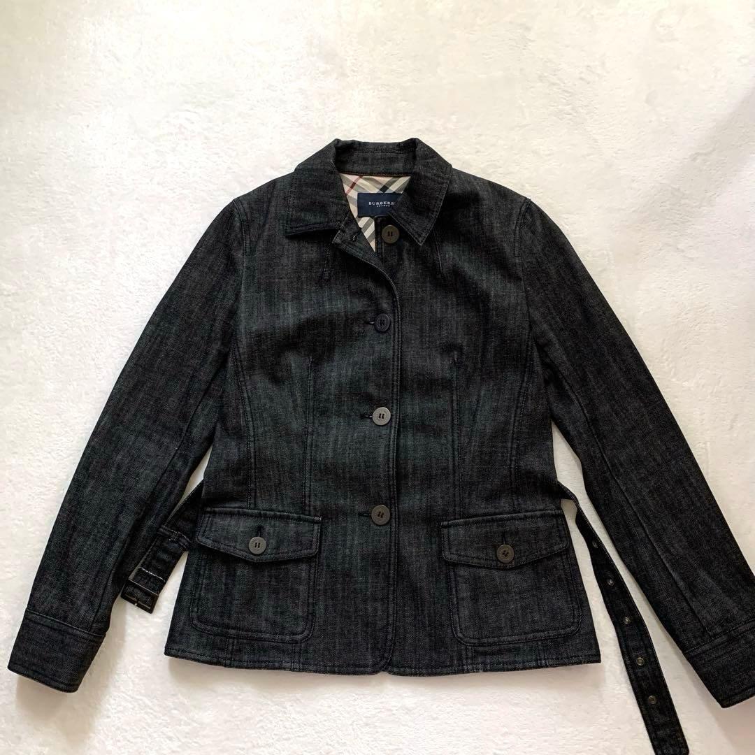 バーバリーロンドン　デニムジャケット　Ｌ　ブラックデニム　ベルト付　ノバチェック