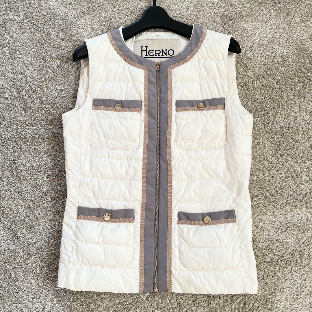 美品　大きいサイズ　HERNO ヘルノ　ダウンベスト　バイカラー　白　グレー