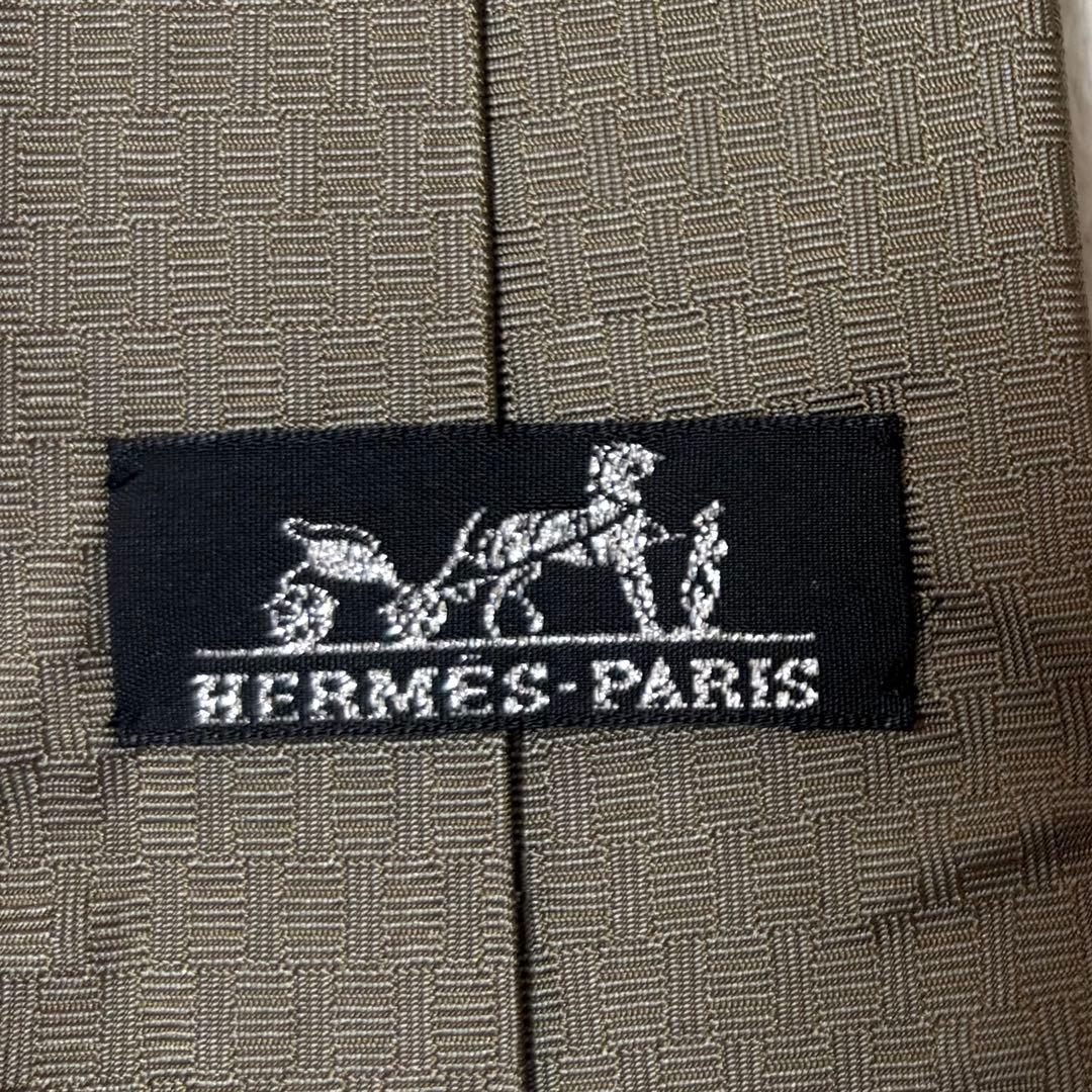 専用 HERMES ネクタイ ￼亀 刺繍 ビーズ H柄 H織 カーキ シルク