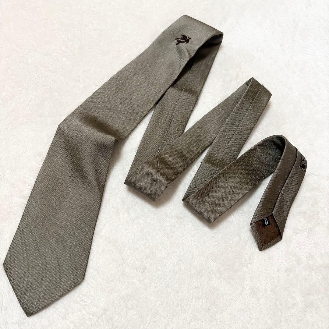 専用 HERMES ネクタイ ￼亀 刺繍 ビーズ H柄 H織 カーキ シルク