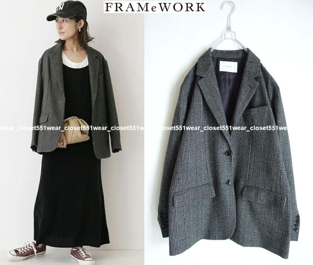 2021美品フレームワーク☆グレンチェックツィードテーラードジャケット36グレー