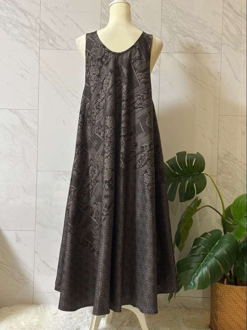 1-11大島紬リメイク　大島紬ロングワンピース　大島紬ジャンパースカート