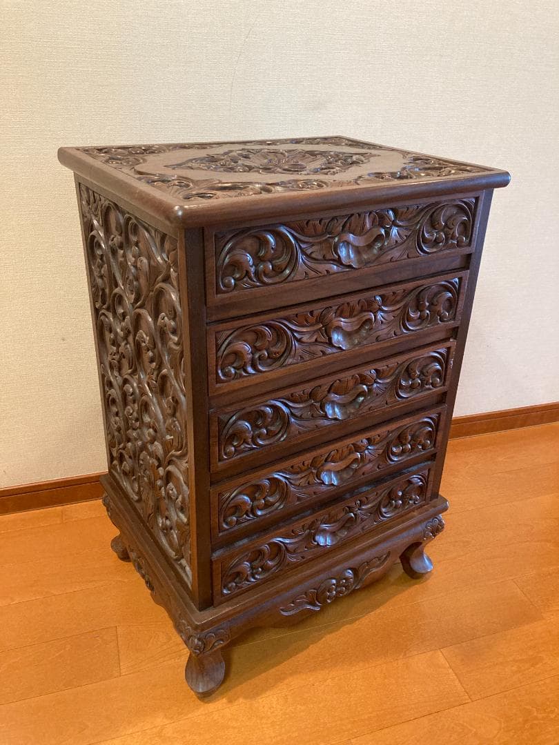 アジアンスタイル 彫刻入り木製チェスト 5段