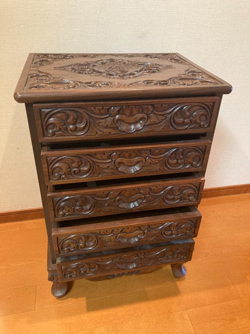 アジアンスタイル 彫刻入り木製チェスト 5段