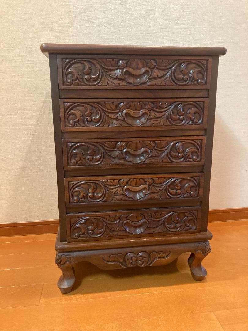 アジアンスタイル 彫刻入り木製チェスト 5段