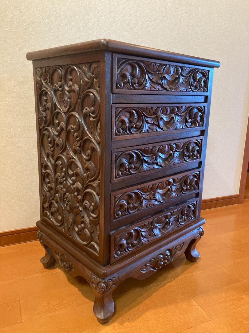 アジアンスタイル 彫刻入り木製チェスト 5段