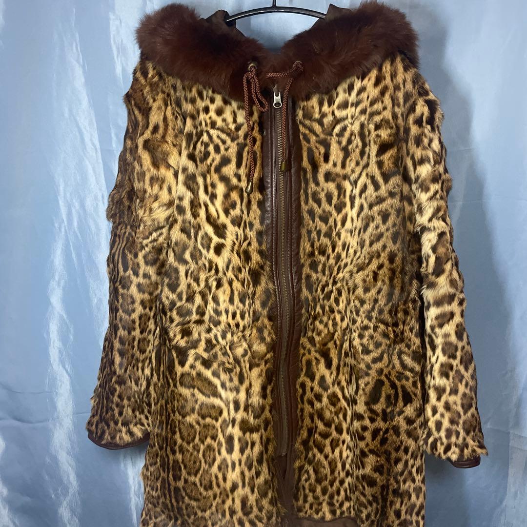 ブラウン ヒョウ柄裏地 ファー付きジャケット
