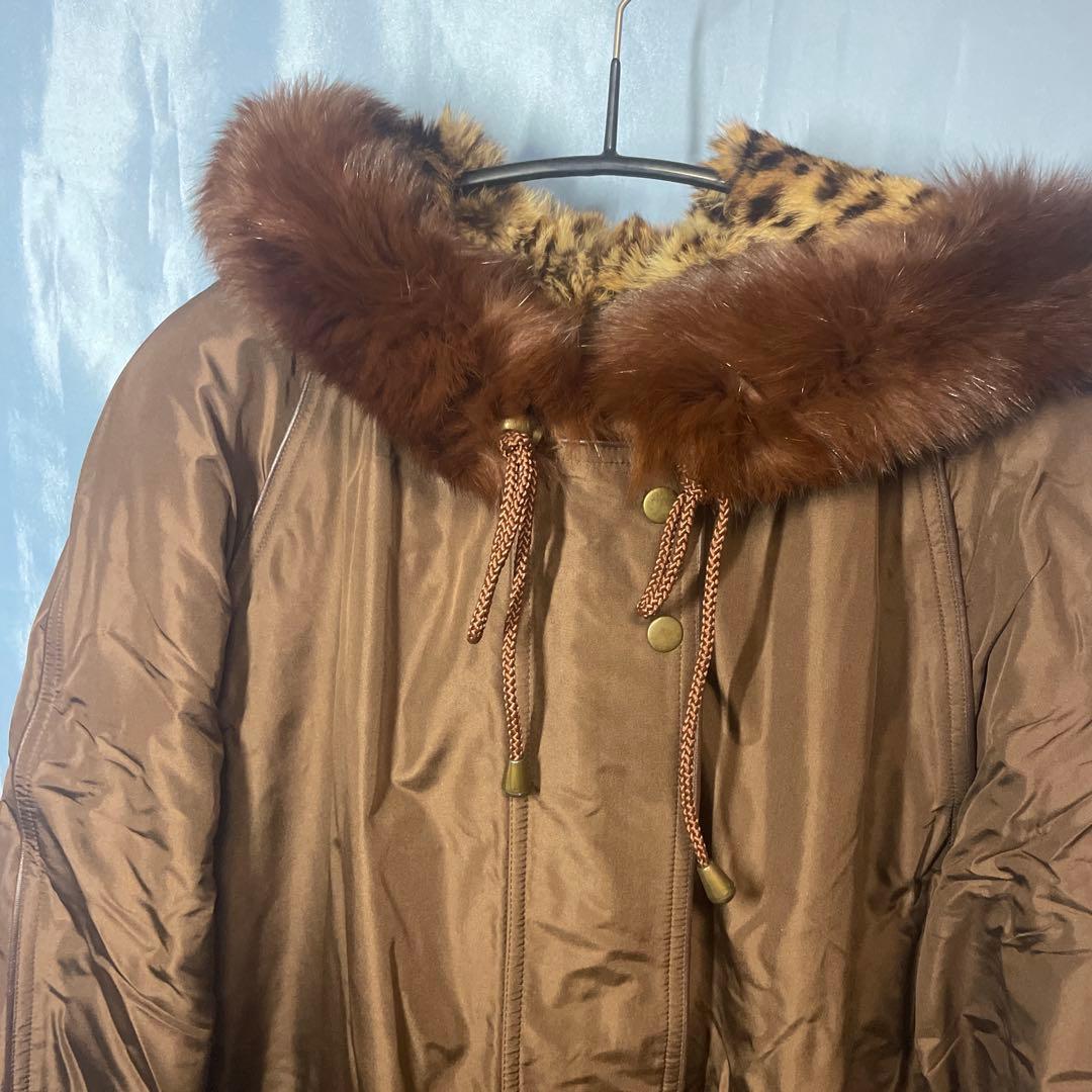 ブラウン ヒョウ柄裏地 ファー付きジャケット