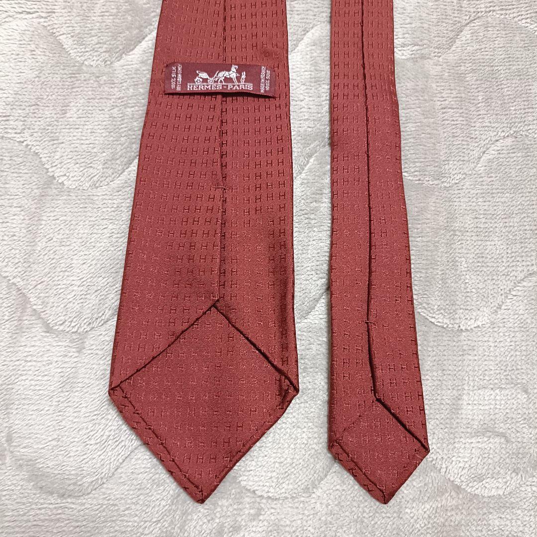 HERMES エルメス/ シルク ネクタイ ロゴ 総柄 赤系 イタリア製