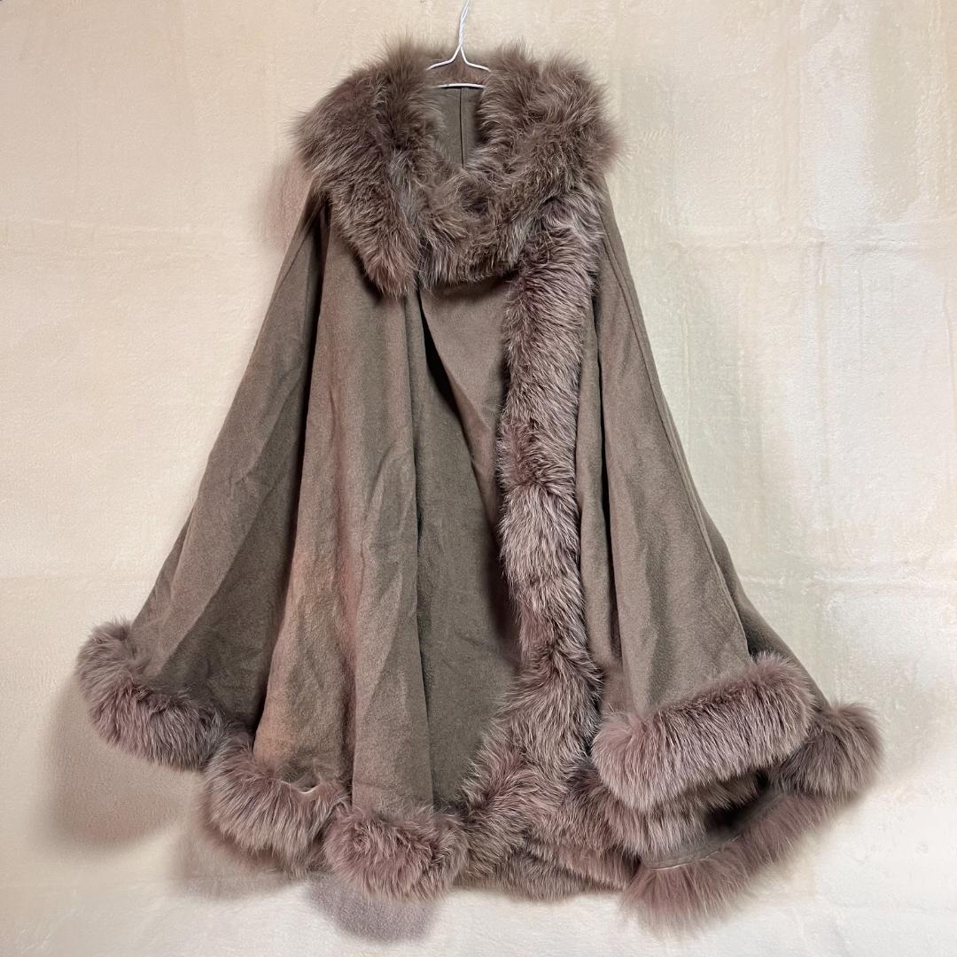 は*な様 ファー付ケープ ポンチョ カシミヤ ミンク アンゴラ カーキブラウン