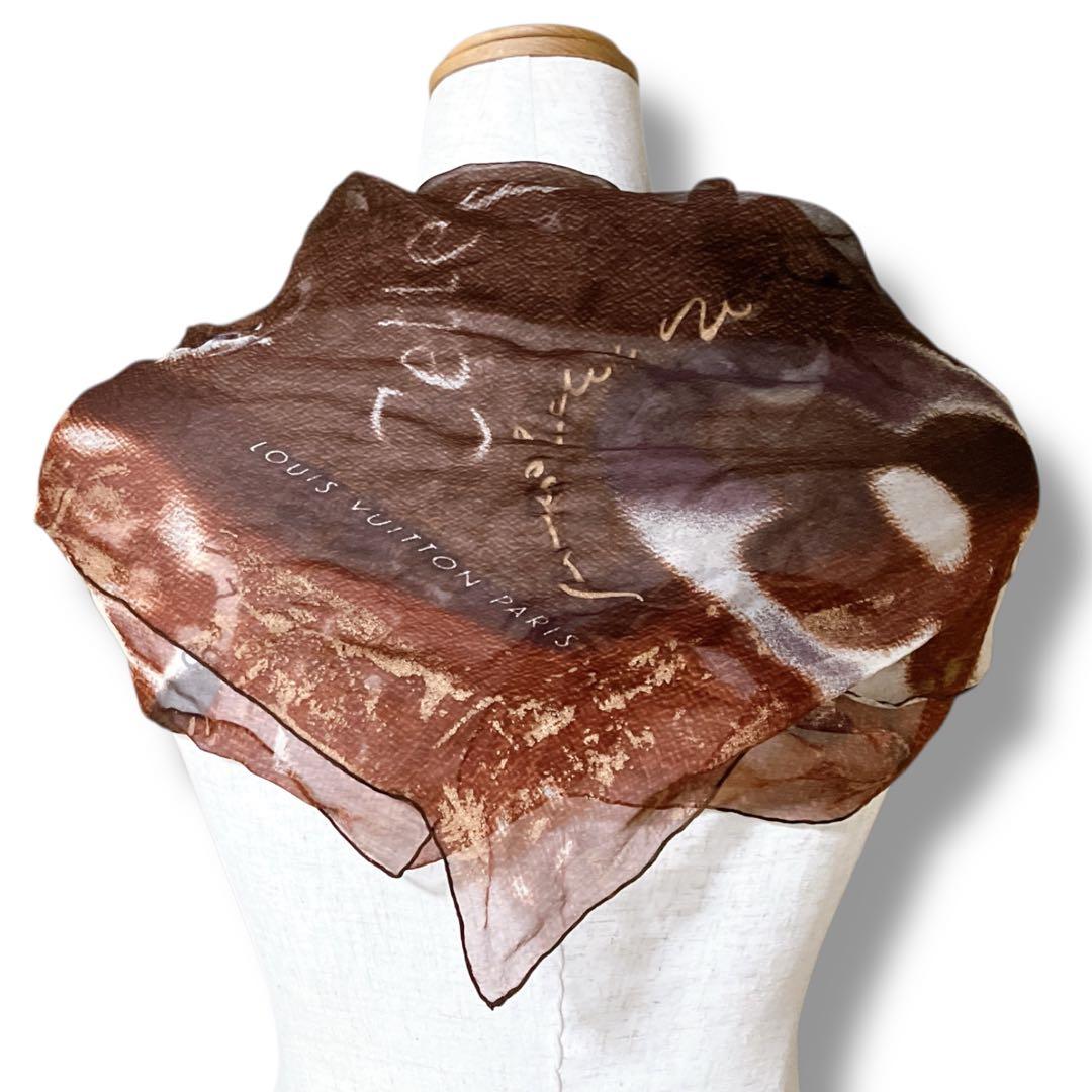 ルイヴィトン 良品 イタリア製 モノグラム シルク100% スカーフ ブラウン