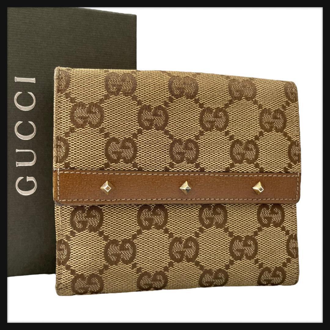 【美品】 GUCCI グッチ 二つ折り財布 GG キャンバス スタッズ レザー