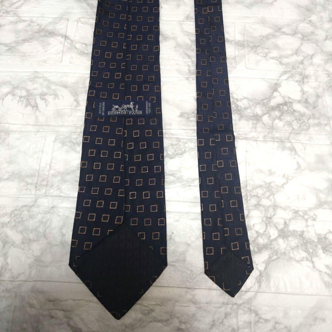 HERMES エルメス ネイビー シルク ネクタイ ハイブランド 紺色 小紋柄
