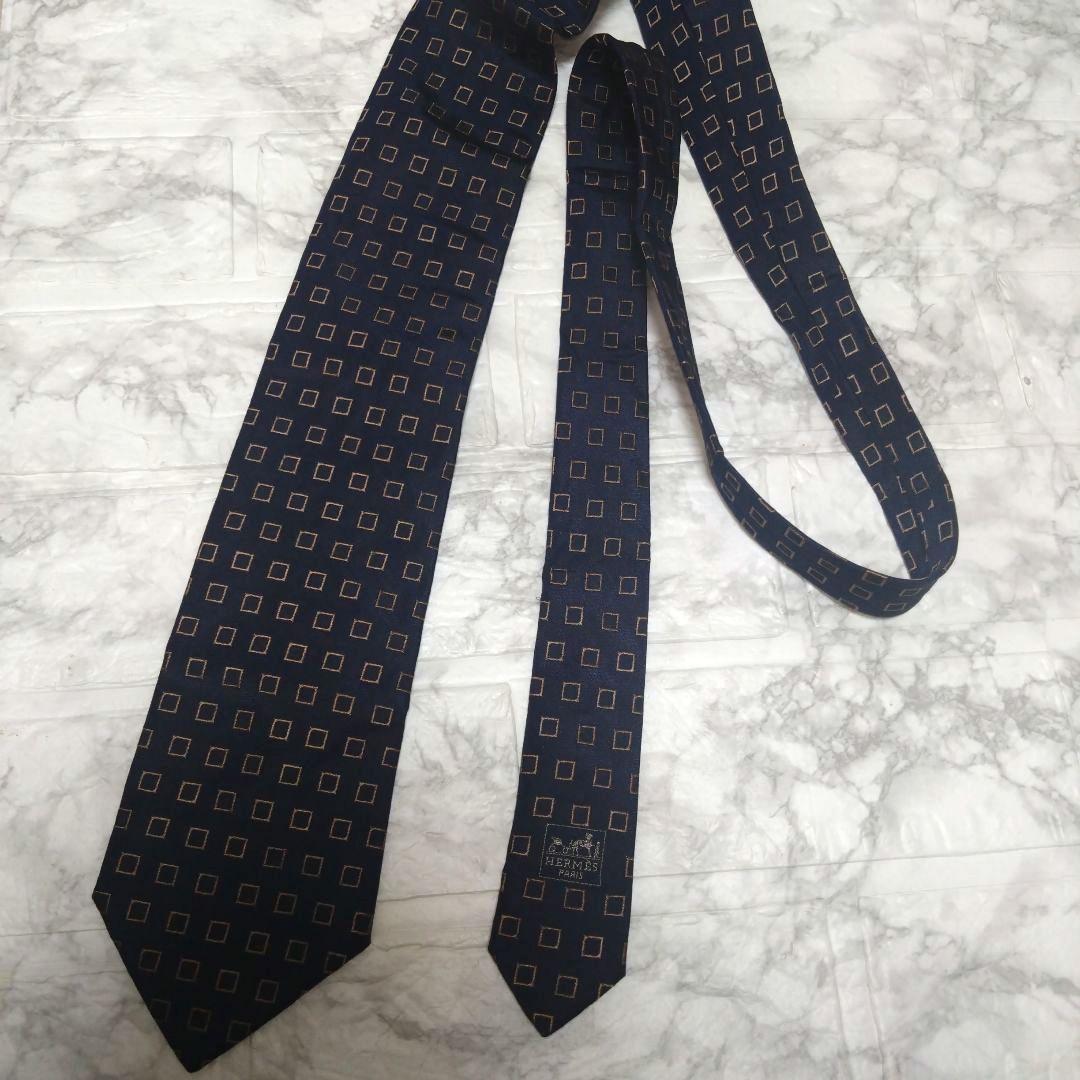 HERMES エルメス ネイビー シルク ネクタイ ハイブランド 紺色 小紋柄