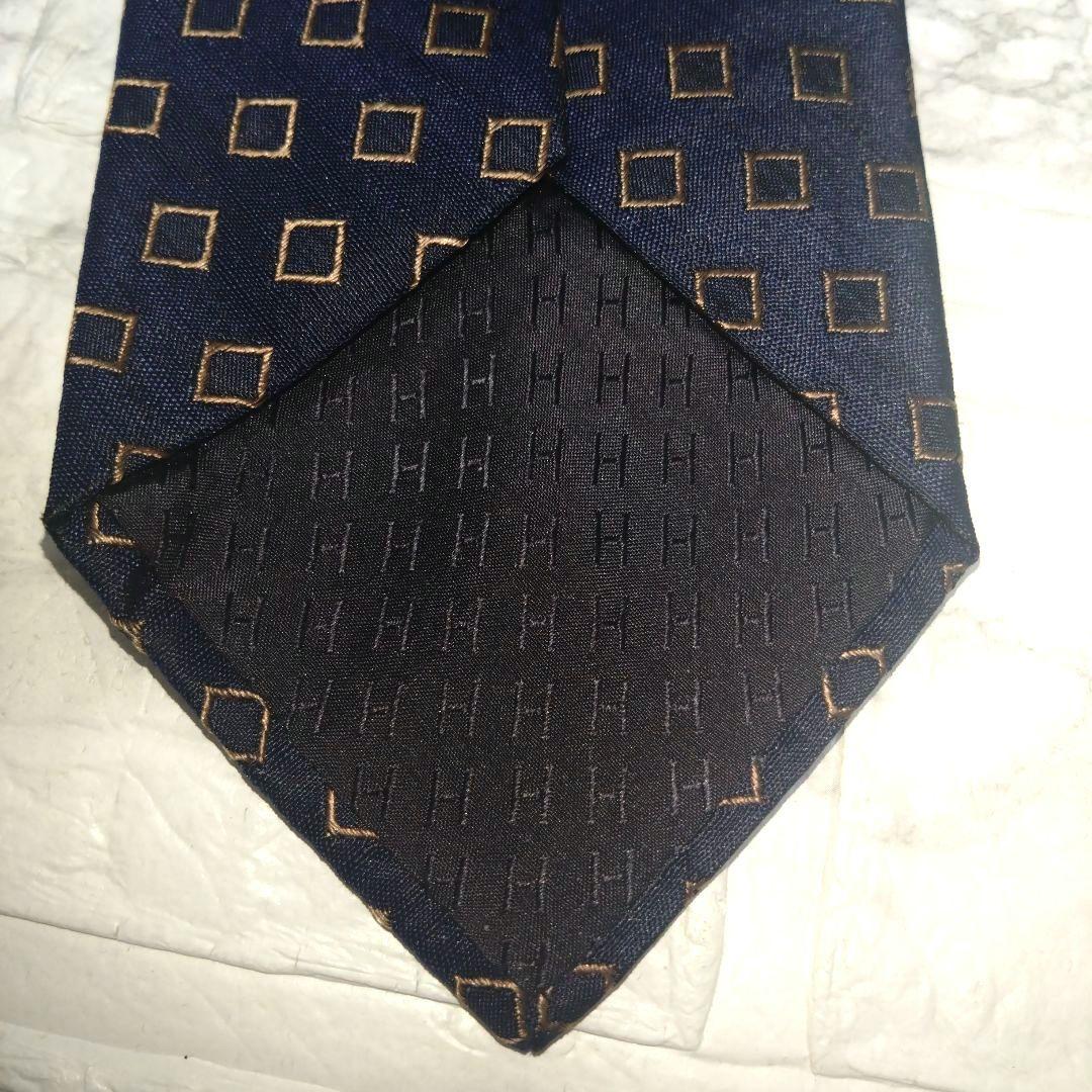 HERMES エルメス ネイビー シルク ネクタイ ハイブランド 紺色 小紋柄