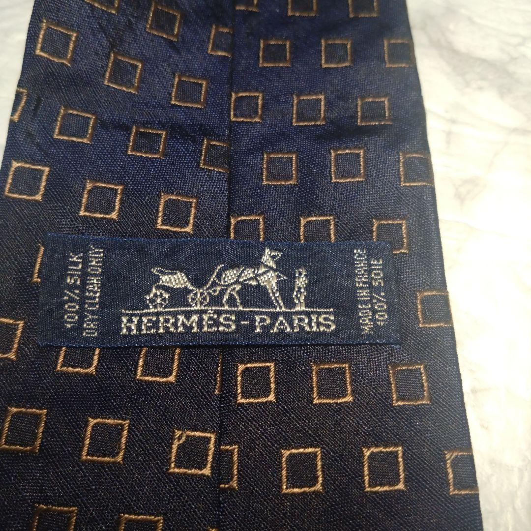 HERMES エルメス ネイビー シルク ネクタイ ハイブランド 紺色 小紋柄