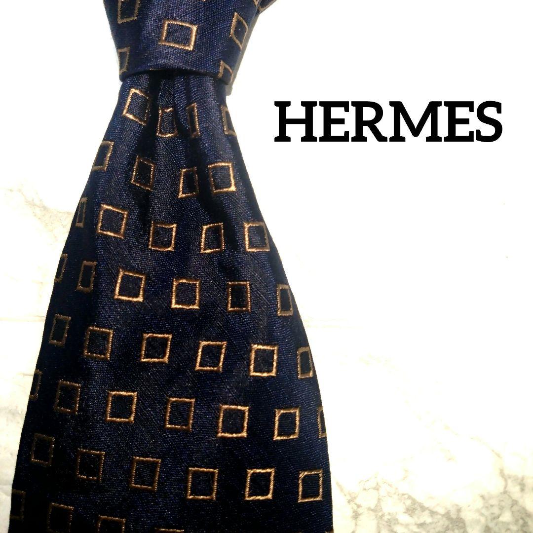 HERMES エルメス ネイビー シルク ネクタイ ハイブランド 紺色 小紋柄