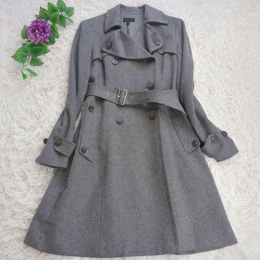 Theory グレー カシミヤ 100% ダブルブレスト コート ベルト付き